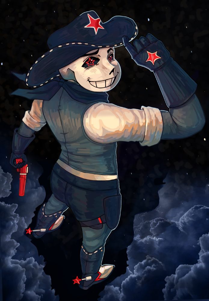 A cowboy sans variant holding a revolver in the clouds 