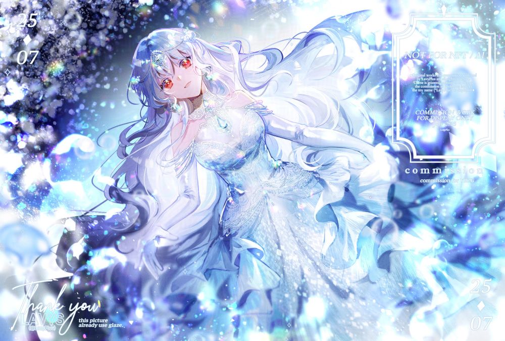 Illustration of a beautiful young woman with white hair and red eyes. She wears a white dress with beautiful sequins embroidered like fish scales, following the theme of an undersea.