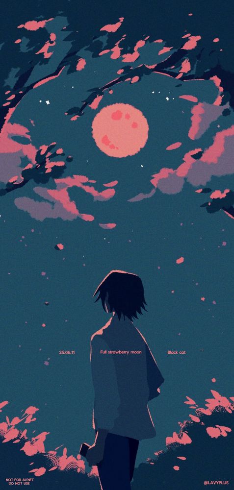My oc, Kaede stands with his back turned. He has black hair, wears a white shirt, and black pants. What he is looking at is a full moon that is pink like strawberries.