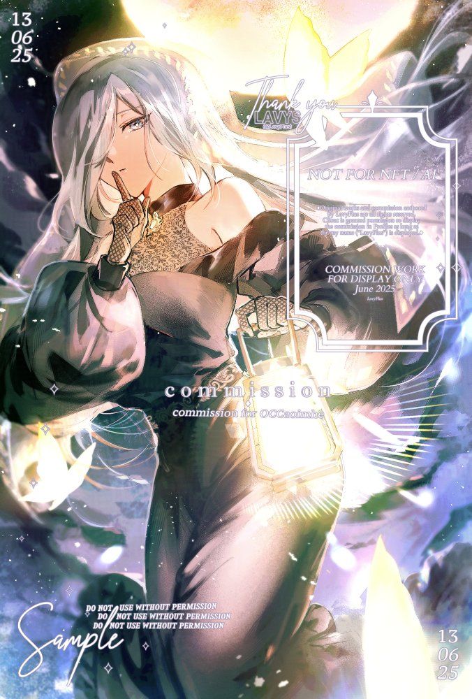 commission work for Caoimhe.

Illustration of a beautiful woman with silver hair. She has blue eyes. Her index finger is raised to her lips. The other hand holds a lantern. Behind her is a large, round, pale moon shining under the night sky.