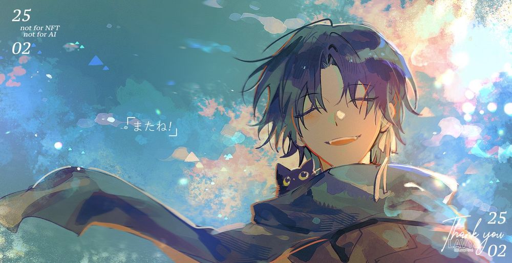 Illustration of my oc Kaede wearing a scarf with a black cat hiding inside. BG is a blue sky.