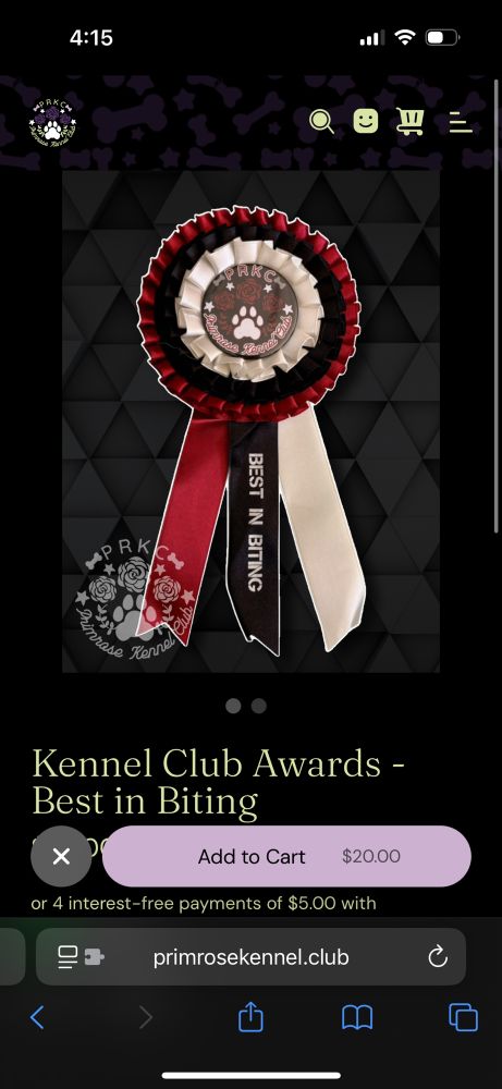 A dog show style award. It’s red black and white with white text that says “BEST IN BITING”