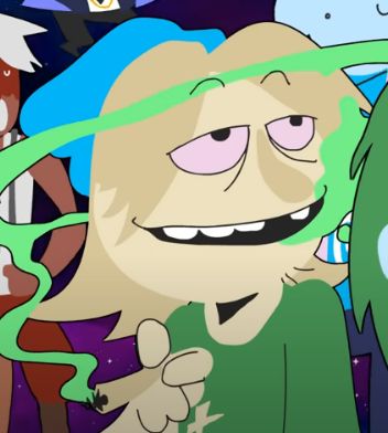 The planet Saturn personified in animated form as a typical stoner, with the marijuana smoke representing Saturn's rings.