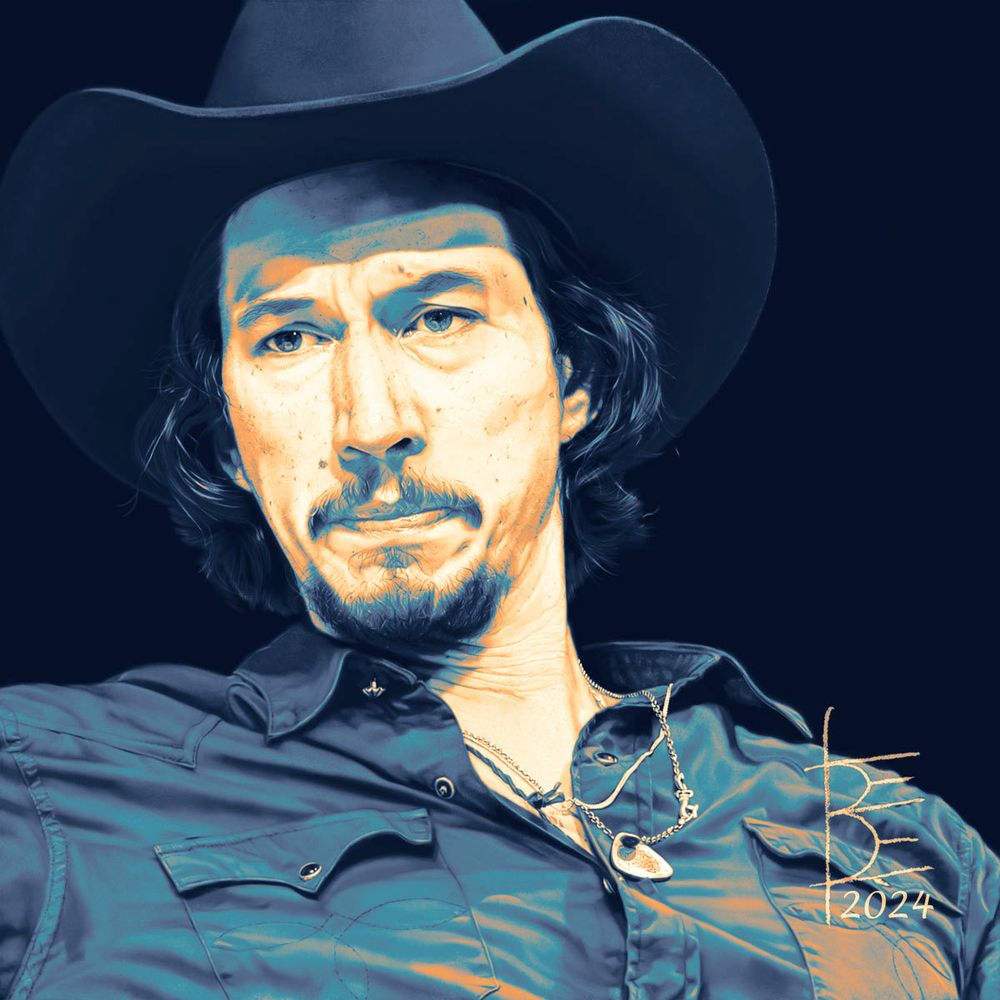 A free hand digital painting in vivid blues and yellow-oranges of Adam Driver as Strings McCrane, sprawled across the sofa in his hotel room, his signature black hat set atop the parenthetical framing of his collar length curls, head turned and tilted toward his right shoulder, brow gently knitted above a sad gaze, upper eyelids slanted mournfully, bearded mouth in a sorrowful moue, lips rolled inward slightly and pressed together tightly, chin rumpled and tucked down over the folded skin of his neck, western shirt opened to the third button, the tangle of his necklaces dangled across his chest.