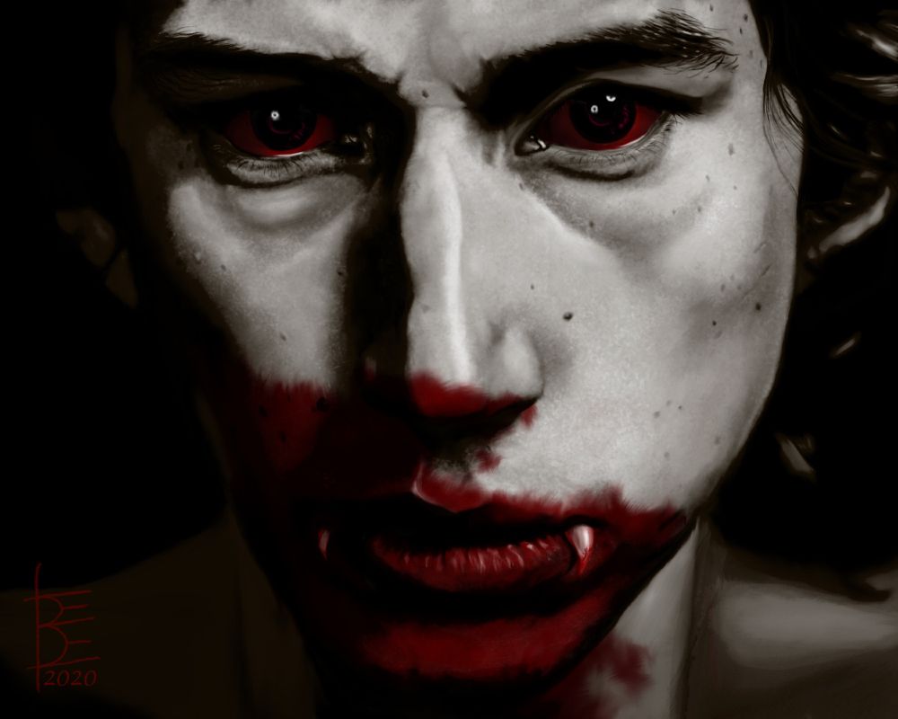 Vampire Ben Solo, looking positively feral, eyes monstrous with the intensity of his hunger and desire, fangs on display, his lower face smeared with blood.