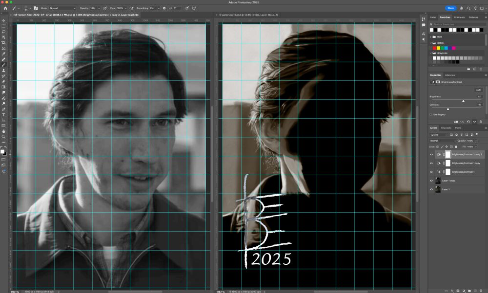 a screenshot of my digital workspace, with my reference, a screen cap from PATERSON, on the left and my canvas on the right. After 3-ish hours I've got a background that might get simplified and a silhouette that I'm gradually making more complicated. I've roughed in his right shoulder and coat collar, and am working my way up his right side, rendering details of his neck, ear, and hair as I go, but I've only made it maybe two-thirds of the way up his head so far. The rest of him is blank blackness. 