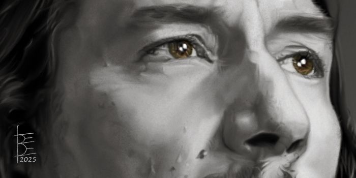 a close up of the larger portrait, focused on his eyes and nose; the look in his eyes is soft as he mulls over his phrasing, with his right eye narrowed just a smidge more than the left, his lower eyelid tensed upward near the inner corner just a tiny bit. The irises are subtly colored while the rest of the image is faintly sepia toned monochrome.