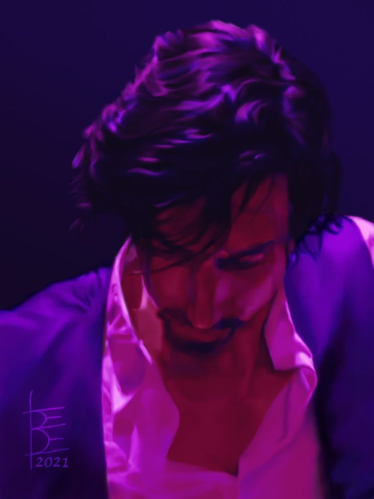 A vividly colored freehand digital painting of Adam Driver as Henry from “Annette,” lit from above by pink dance club lights, disheveled hair falling over his eyes, brow furrowed, eyes downcast, long nose leading to his full mouth wreathed in a short beard, clothes in disarray.