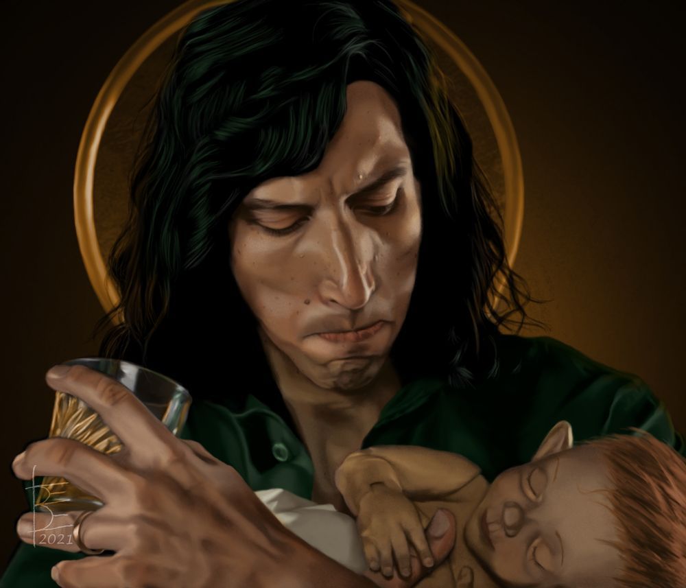a freehand digital painting of Adam Driver as Henry McHenry, gently cradling a sweetly sleeping infant Annette in one hand and his glass of whiskey in the other, brow furrowed, eyes downcast, mouth pursed in a frown as he gazes at her tiny fingers around his thumb. 