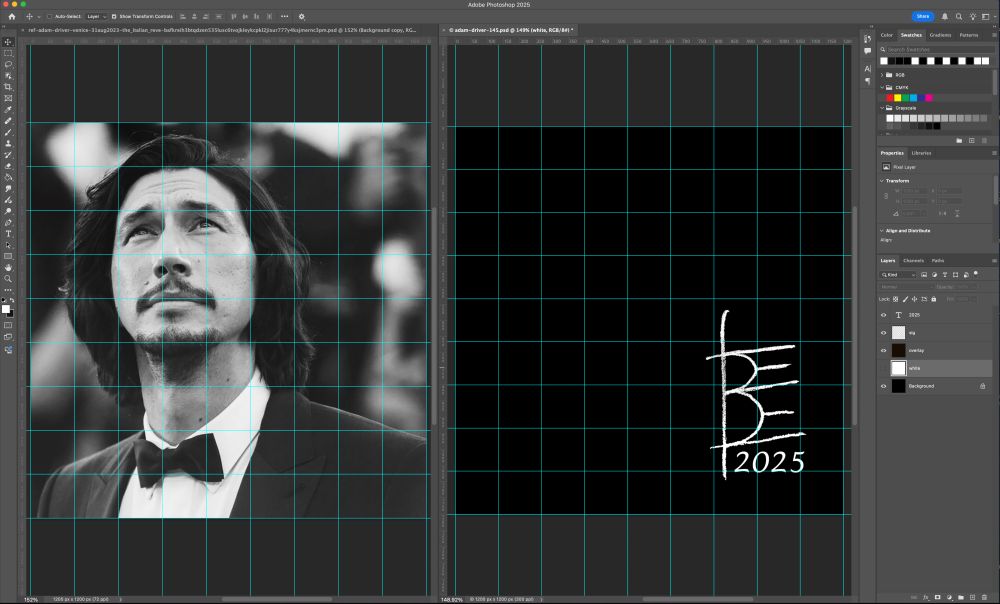 a screenshot of my digital workspace showing my reference, a photo of adam driver on the red carpet for Ferrari at the 2023 Venice Film Festival, on the left and my blank canvas with just my signature on the right