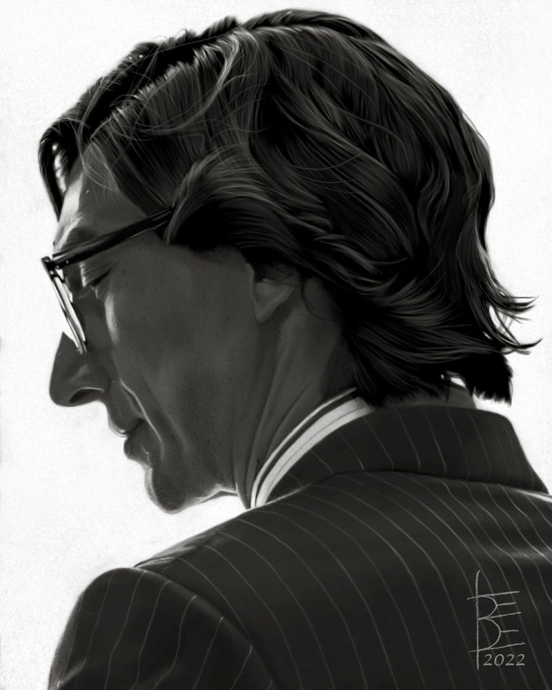 Maurizio #6

A sepia-toned monochromatic digital painting of Adam Driver dressed as a young Maurizio Gucci, caught mid-pivot, pinstriped suit stretched over the rangy frame of his shoulders, face turned to his left, profile limned in light, long mop of carefully styled hair slightly mussed, downcast eyes tilted with amusement, a small smile curling the corner of his mouth and rumpling his dimples.