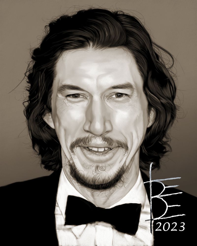 an unfinished portrait of a very smiley Adam Driver. his clothes are still only roughly rendered, and he's still missing all of his moles & freckles, but I'm making good progress on rendering the fine webbing of crinkles around his right eye.