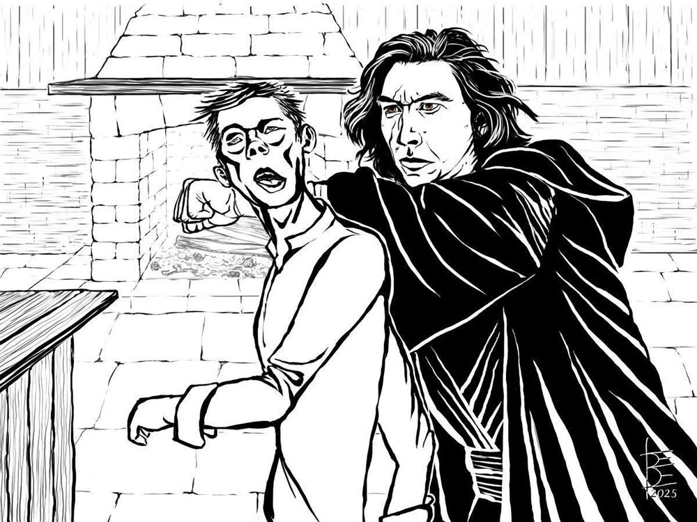 "Fool For Love"; a lineart digital painting of Kylo Ren in flowing black robes, hair flying around his face, frowning furiously, mouth set resolutely as he clocks the undead minstrel Beaumont Kin with a punch that spins Kin's body like a marionette on strings, eyes rolling up, jaw lolling, head turning to twist his neck as his shoulders follow, arms flailing loosely. The setting is the interior of an inn, wooden bar in front of Kin, large flagstones for the floor, a stone fireplace on the wall behind them. 