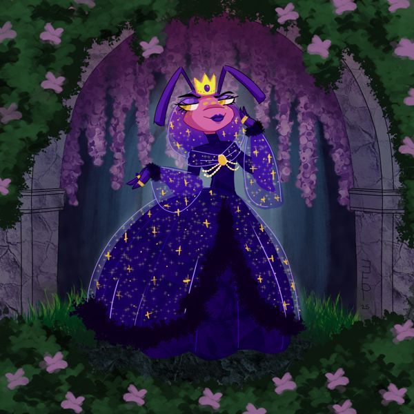 my royal girl ruki from neopets wearing a sparkly gown, crown, rings, and hair net/veil thingy while standing in front of a tunnel that's overgrown with flowers.