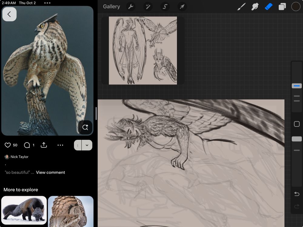 Wip of my owl character giving someone a hand.. hes so kind :)

Left side is an owl pic for ref, top middle is a ref for the owl character himself 