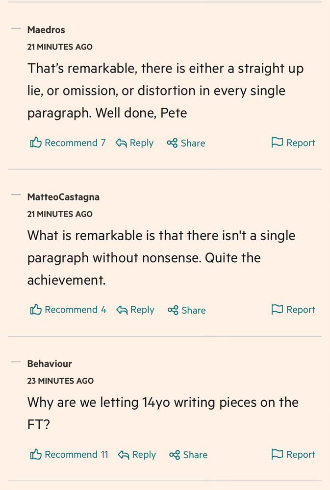 Series of hostile FT comments on article from Peter Navarro. Sample : “why are we letting 14yo write pieces on the FT”