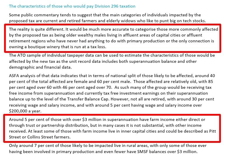 The characteristics of those who would pay Division 296 taxation Some public commentary tends to suggest that the main categories of individuals impacted by the proposed tax are current and retired farmers and elderly widows who like to punt big on tech stocks. The reality is quite different. It would be much more accurate to categorise those more commonly affected by the proposed tax as being older wealthy males living in affluent areas of capital cities or affluent retirement regions who have never had anything to do with primary production or the only connection is owning a boutique winery that is run at a tax loss. The ATO sample of individual taxpayer data can be used to estimate the characteristics of those would be affected by the new tax as the unit record data includes both superannuation balance and other demographic and financial data. ASFA analysis of that data indicates that in terms of national split of those likely to be affected, around 40 per cent of the total affected are female and 60 per cent male.  Those affected are relatively old, with 85 per cent aged over 60 with 46 per cent aged over 70.  As such many of the group would be receiving tax free income from superannuation and currently tax free investment earnings on their superannuation balance up to the level of the Transfer Balance Cap. However, not all are retired, with around 30 per cent receiving wage and salary income, and with around 5 per cent having wage and salary income over $200,000 a year.   Around 5 per cent of those with over $3 million in superannuation have farm income either direct or through trust or partnership distribution, but in many cases it is not substantial, with other income received. At least some of those with farm income live in inner capital cities and could be described as Pitt Street or Collins Street farmers.  