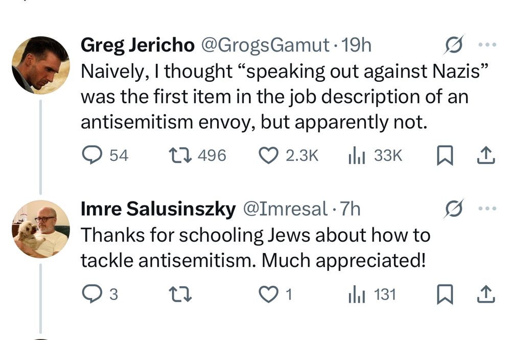 Tweet by me: Naively, I thought “speaking out against Nazis” was the first item in the job description of an antisemitism envoy, but apparently not. Reply by Imre Salusinszky: Thanks for schooling Jews about how to tackle antisemitism. Much appreciated!
