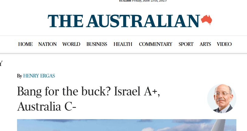 op-ed by an absolute prick, "Bang for the buck? Israel A+, Australia C-"