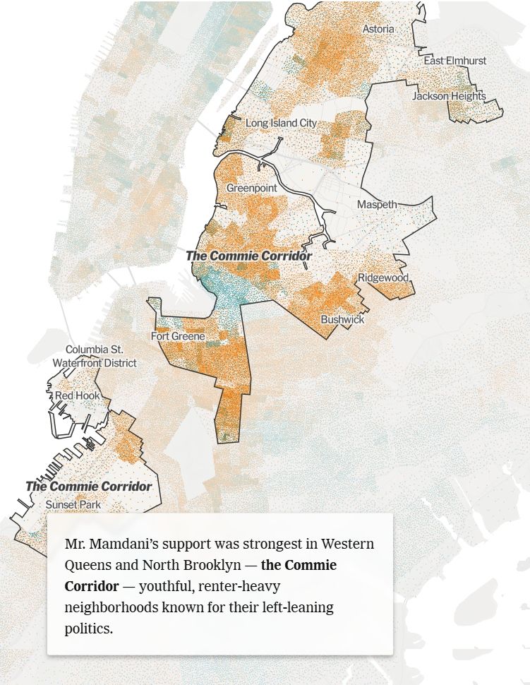 Map of NYC where Mamdani won votes : "Hispanic and Asian neighborhoods.

Mr. Mamdani’s support was strongest in Western Queens and North Brooklyn — the Commie Corridor — youthful, renter-heavy neighborhoods known for their left-leaning