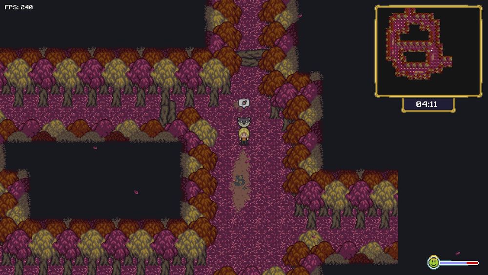 Image of the new biome for Dipets. It shows a blonde girl and her dipet (a small rounded creature) on a colorful forest. The dipet is asking for food.