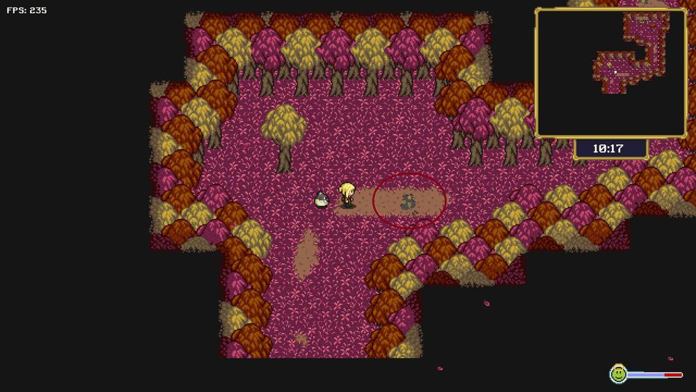 Colorful forest biome of Dipets game showing a hole showing traces of copper of a motherboard in the ground. The game story takes place in a digital world.