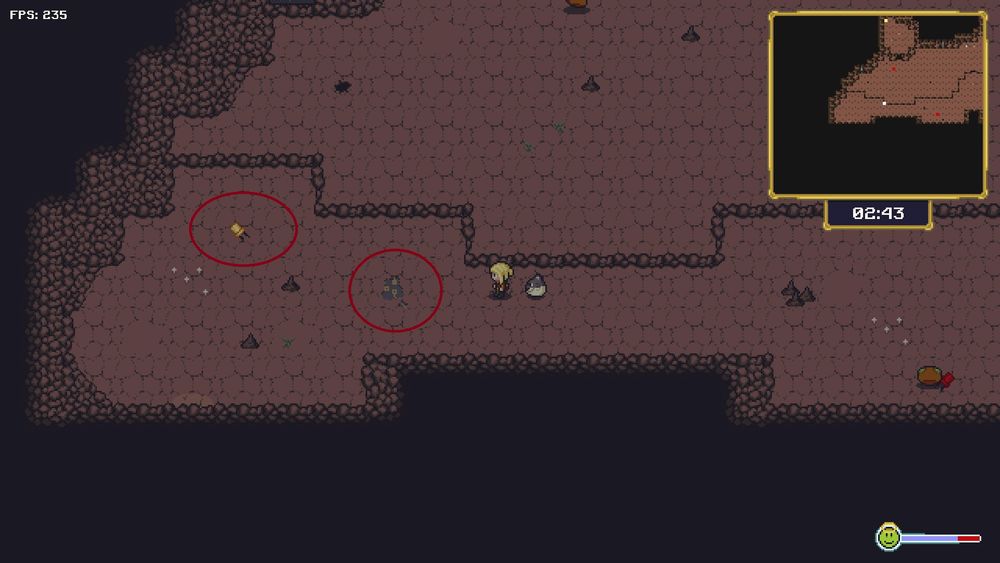 Cave biome of Dipets game showing a led and a hole showing traces of copper of a motherboard in the ground. The game story takes place in a digital world.