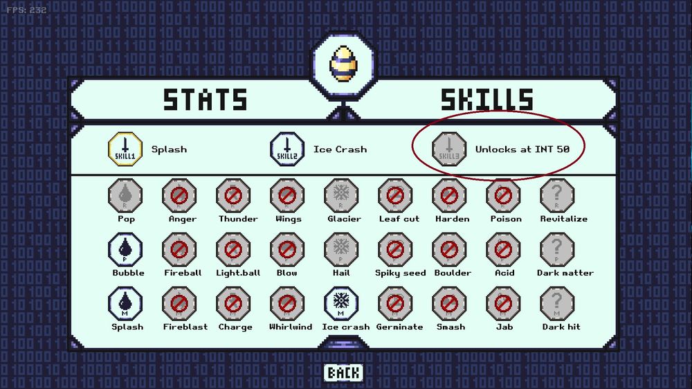 Dipet skill menu in Dipets showing unlocks at 50 INT in a locked skill.