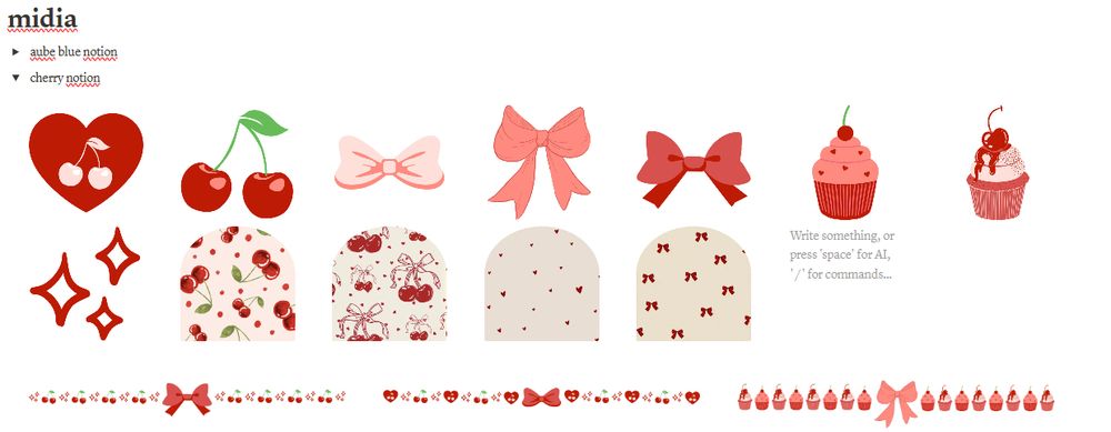 Print do aplicativo Notion. A página se chama "mídia" e tem dois tópicos, um chamado "aube blue notion" que está fechado, e o outro chamado "cherry notion", nele tem várias imagens com as cores vermelho, tons de rosa claro e alguns tetaclhes em verde, os desenhos são de cereja, laços e cupcakes.