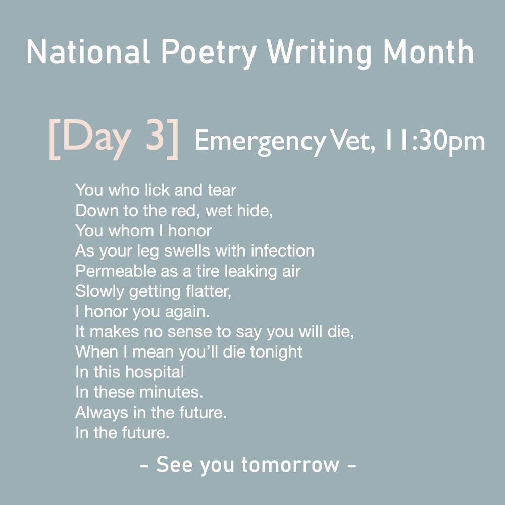 National Poetry Writing Month, Day 3, Emergency vet, 11:30pm You who lick and tear
Down to the red, wet hide,
You whom I honor
As your leg swells with infection
Permeable as a tire leaking air
Slowly getting flatter,
I honor you again. 
It makes no sense to say you will die,
When I mean you’ll die tonight
In this hospital
In these minutes. 
Always in the future. 
In the future. 
