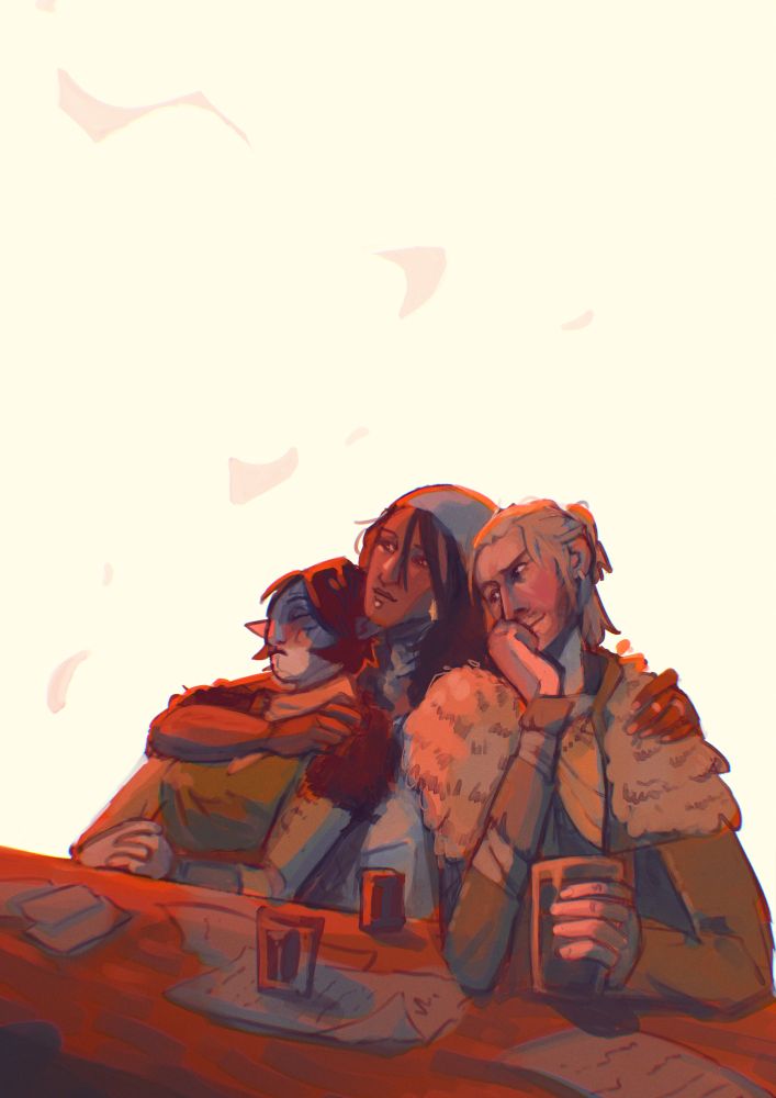 A digital painting of three characters (Merril, Isabela, and Anders from dragon Age 2) snuggled together. The painting has a warm, orange, tint.