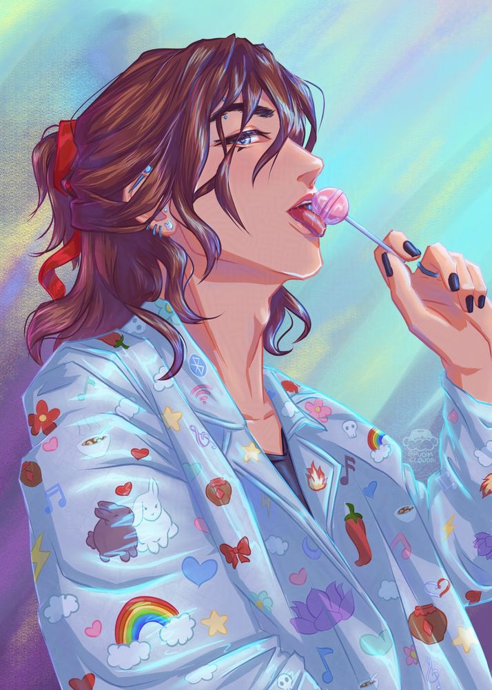 Wei Wuxian licking a lollipop. He has medium to short hair, half up with a red bow. He's wearing a jacket with various drawings of bunnies, lotus flowers, rainbows, and clouds. His nails are painted black, and he wears ear, eyebrow and tongue piercings. 