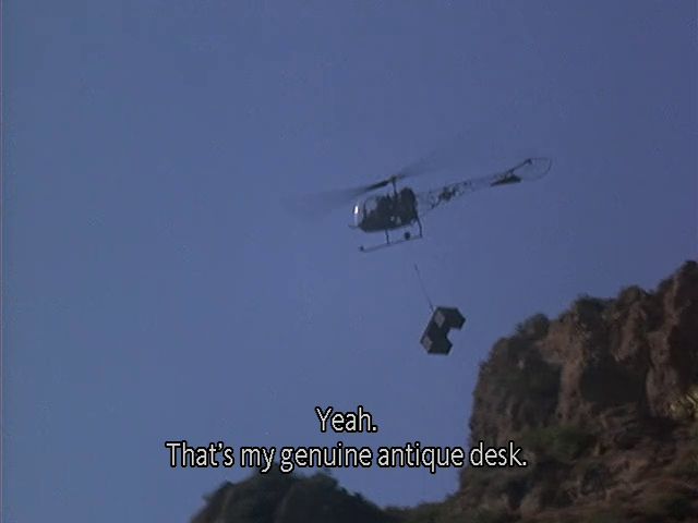     [a chopper is carrying Lt. Col. Blake's desk away]
    Hawkeye: Pardon me, Henry, isn't that your desk?
    Henry Blake: Yeah, that's my genuine antique desk.
    Trapper: Sending it out to be waxed?
    Henry Blake: I'm not sure what it's doing up there. Just keeps going up... up... up...
    Hawkeye: To a far, far better place, I'm sure.