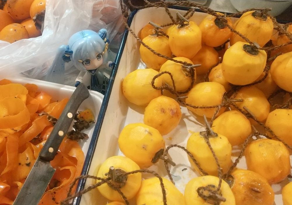 括って熱湯消毒して吊るされる柿。