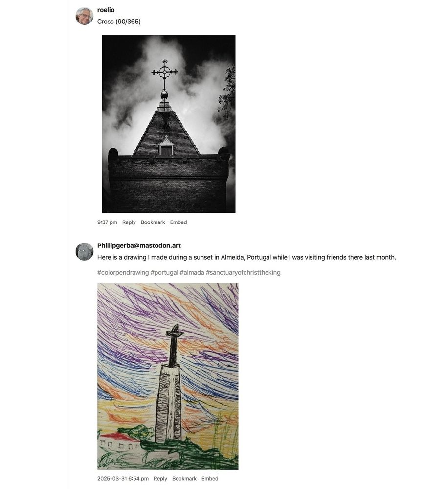 A black-and-white photo shows a church with a cross at its peak, accompanied by a colorful drawing of a similar structure featuring a taller cross.