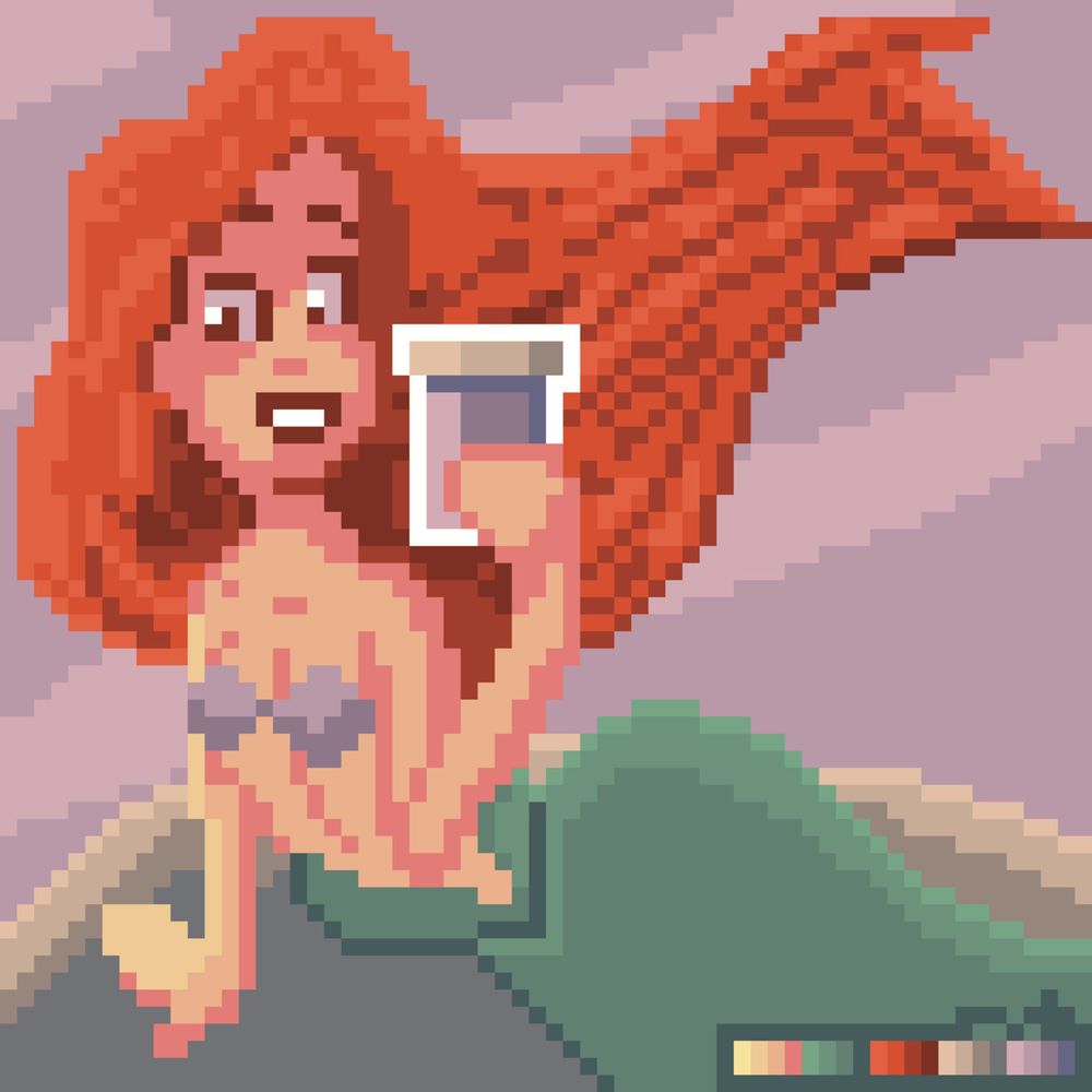 A pixel art mermaid with red hair is holding a jar while looking proud.