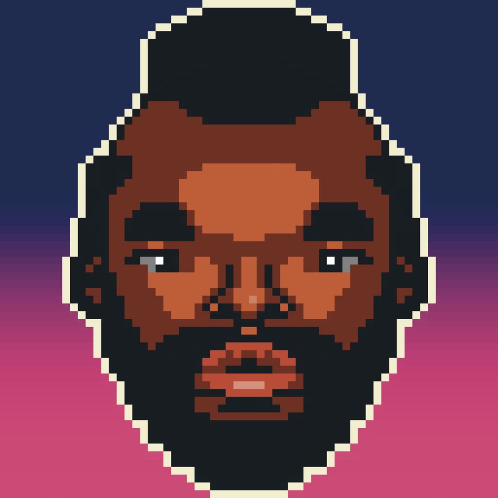 A pixel art portrait depicts a person with a mohawk and a beard against a gradient background.