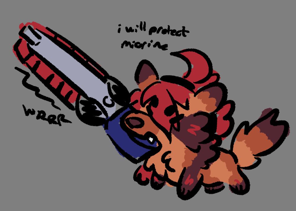 tanuki suletta holding a splatana stamper in her mouth and saying “i will protect miorine”