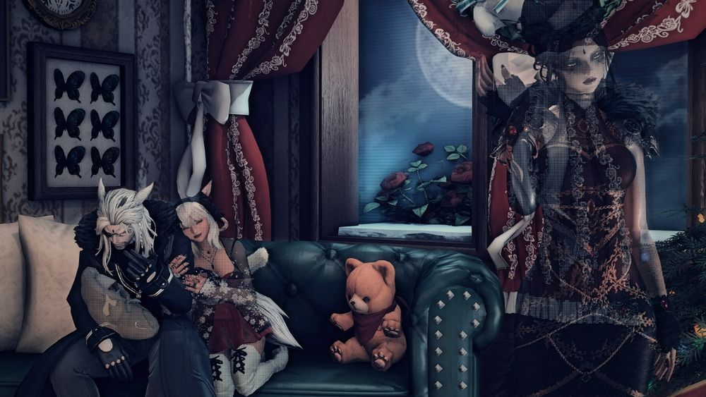 Silverfang sits on a couch, depressed and disenfranchised, smoking a cigarette while the semi-transparent images of his dead wife and baby lean up against him. On the other side of the frame is his second wave, dismissively waving him off as she walks away, much like she did to him when she left him. 