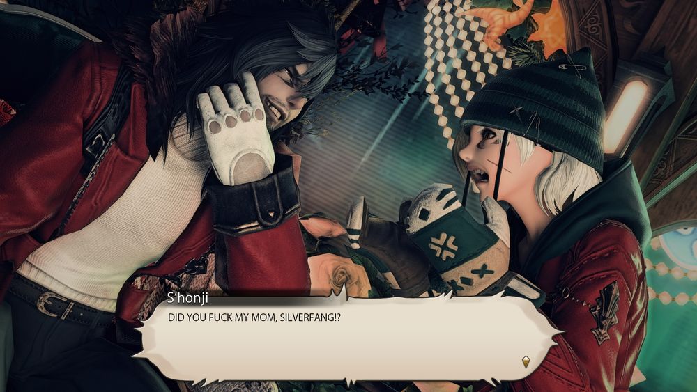 A young miqo'te boy named S'jonji screams in despair in a younger Silverfang's face. "DID YOU FUCK MY MOM, SILVERFANG!?" Cries out the boy in aguish. Silverfang's sneer and satisfied demeanor wordlessly confirms that not only is the answer yes, but he would do it again. And likely will. 