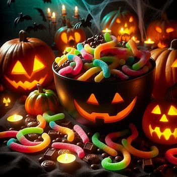 Gruselige Kürbise und Süssigkeitenschalen leuchten in der Nacht genau wie die saueren Würmer