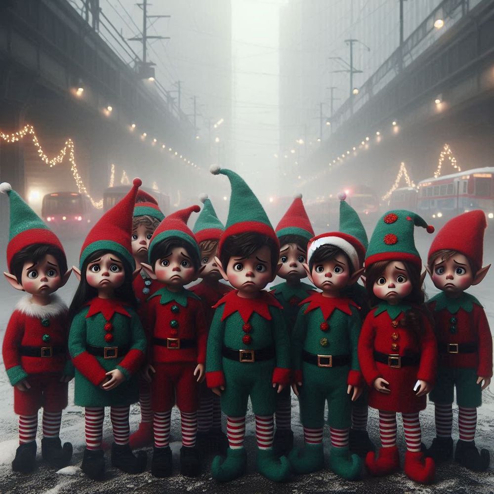 Traurige und ratlose Elfen in städtischem Nebelgrau