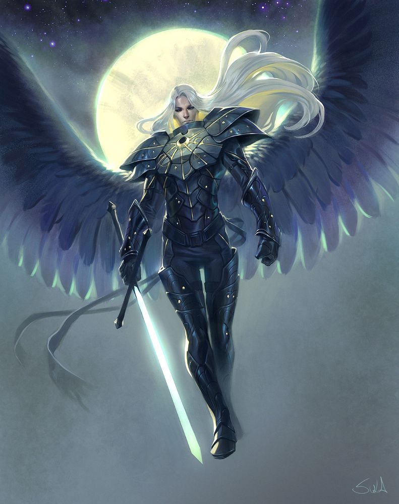 An angel stands against the full moon