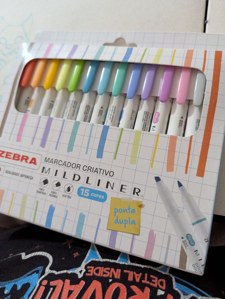 Uma caixa de canetas zebra mildliner, em ordem de cores