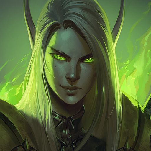 A blood elf (race from World of Warcraft), stands against a green fiery background