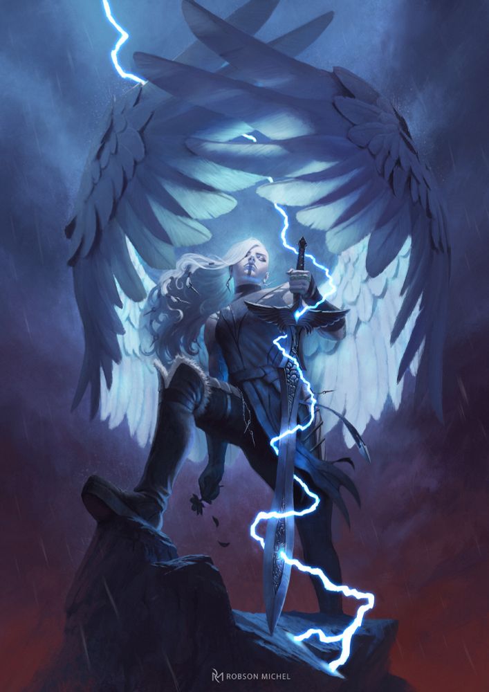 Um anjo contra um céu tempestuoso, um relâmpago desce do céu e abraça sua espada