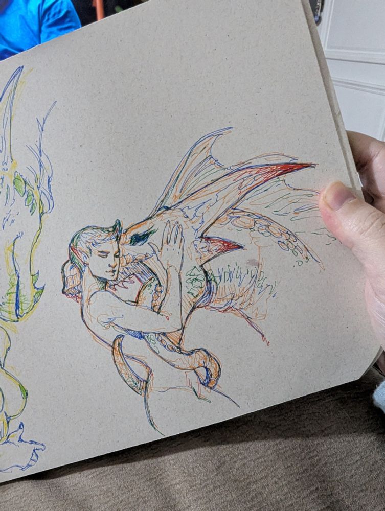 Esboço de caneta colorida de um dragão lambendo uma pessoa 