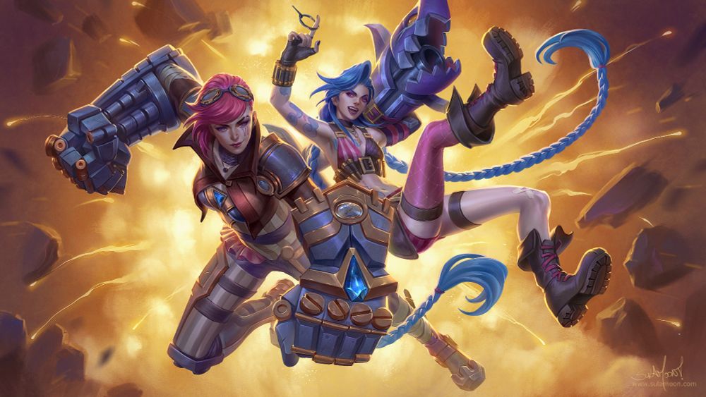 Jinx and Vi jumps from an explosion