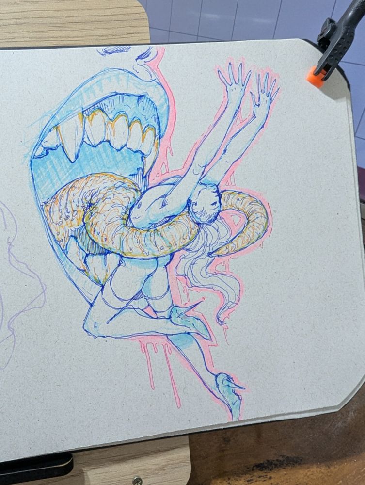 Colorful sketchbook sketch, an open mouth with a tongue pulling in a body in high hells 