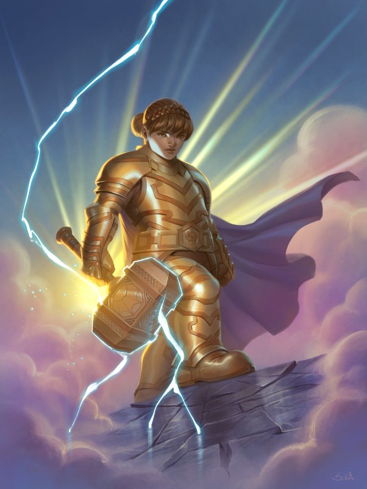 Ghenn, a dwarven warrior wielding a hammer that controls lightning against the sunrise